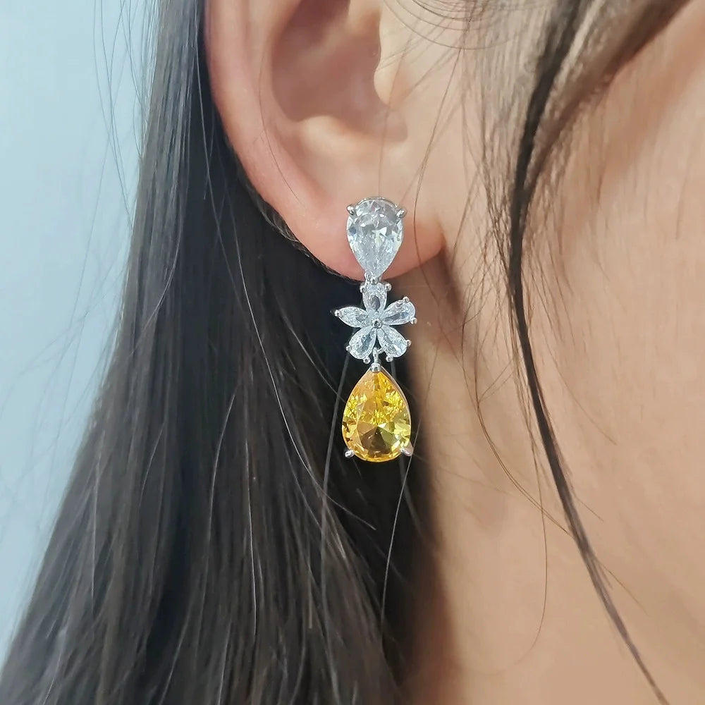 Female White Yellow Zircon Stone Flower Water Drop Earrings Cute Trendy Bridal Silver Color Dangle Wedding Jewelry For Women