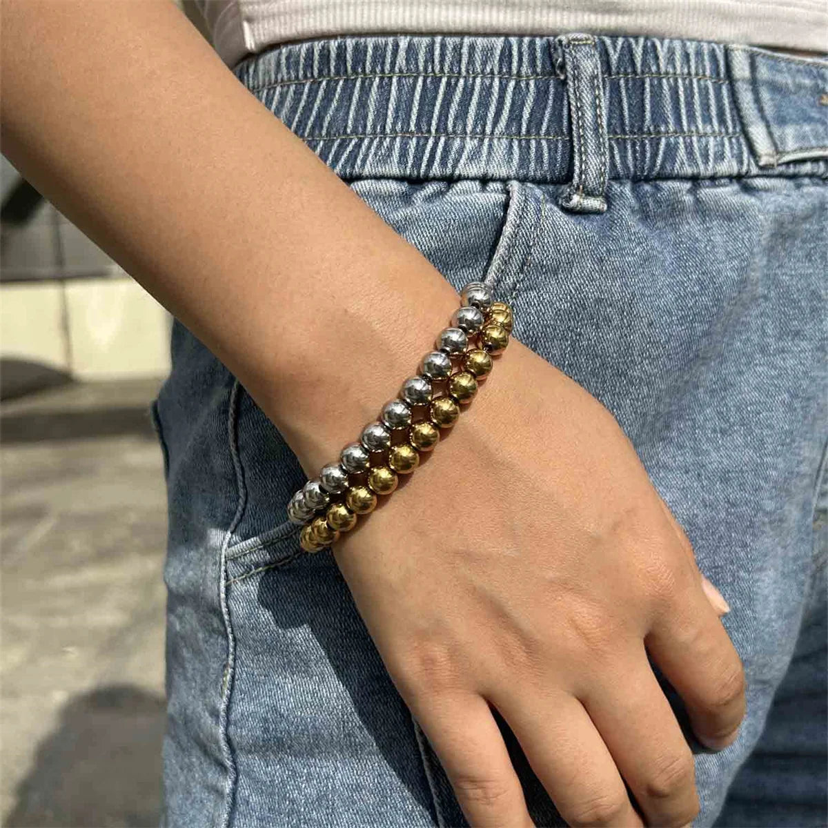 MisenBaBa Stainless Steel Ball Beads Cuff Bracelet for Women Gold Silver Color Beaded Bracelets Charms Metal Statement Jewelry