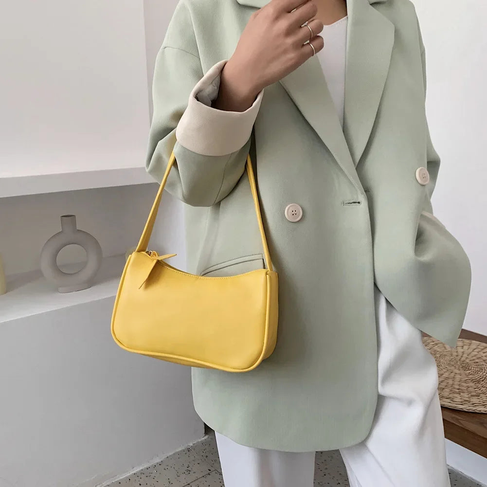 New Retro Soft PU Leather Women Shoulder Underarm Bags Casual Solid Color Small Top-Handle Handbags Ladies Fashion Shoulder Bags