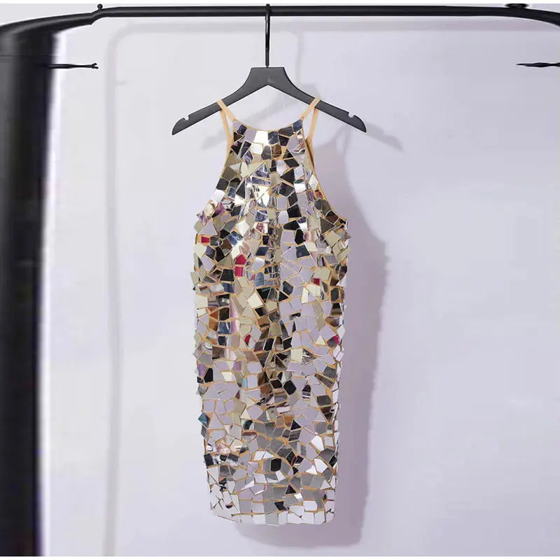 Women Shiny Metallic Sequin Dress - Sleeveless Bodycon Mini Party