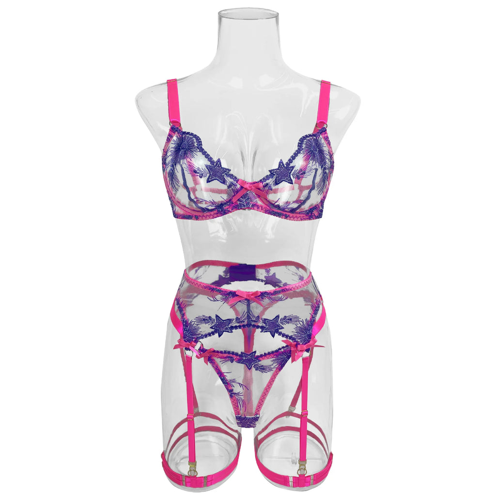 Ellolace Pink Fancy Lingerie Floral Luxury Lace See Through Underwear Sensual Garter Belt Set Contrast Color Fairy Outfit
