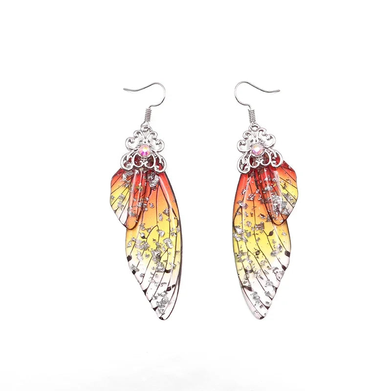 Handmade Fairy Simulation Wing Earrings Insect Butterfly Wing Drop Earrings Foil Rhinestone Earrings Romantic Bridal Jewelry