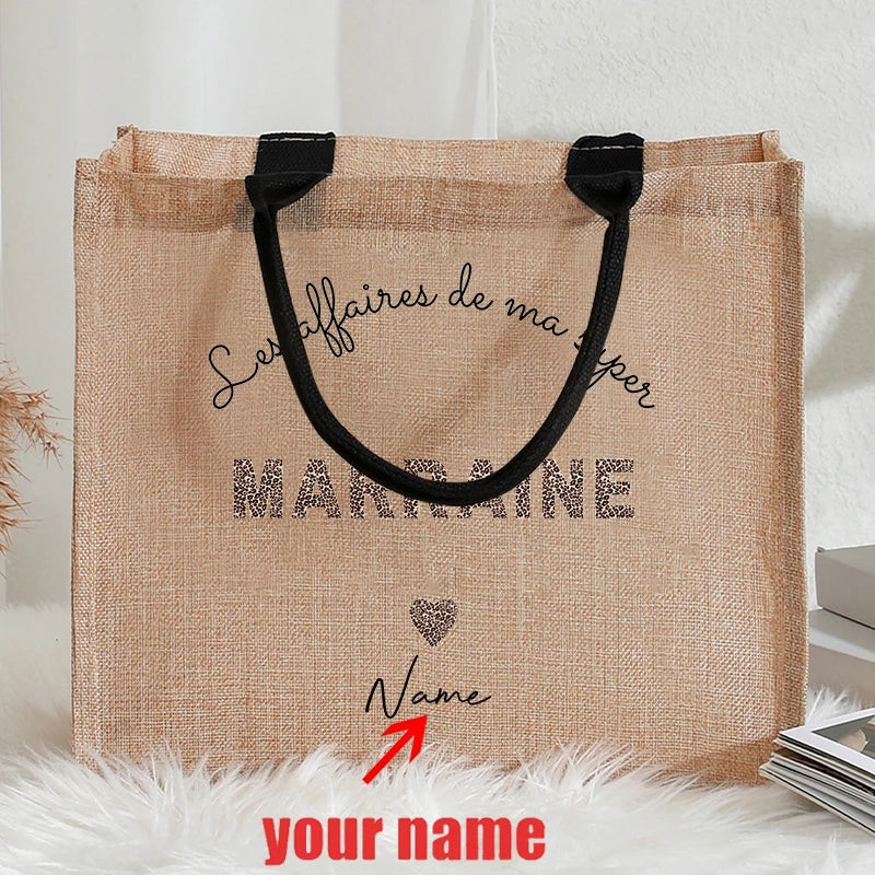 Customizable with Name Leopard Letter for Tata Marraine Garland Patterns Jute Tote with Hand Shopping Bag for Godparents Gifts