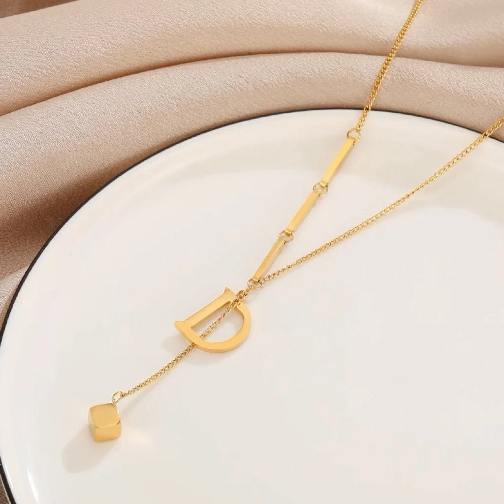 Luxury 24K 9999 Pure Gold real gold D Letter Women Necklace Geometric Square Pendant Clavicle Chain