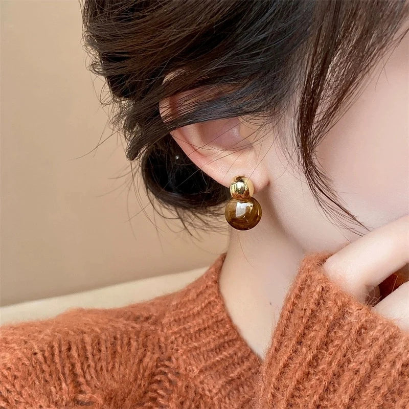 New Brown Resin Tiger Eye Stone Dangle Earrings for Women Fashion Silver Needle Earring Personality Melard Color Jewelry