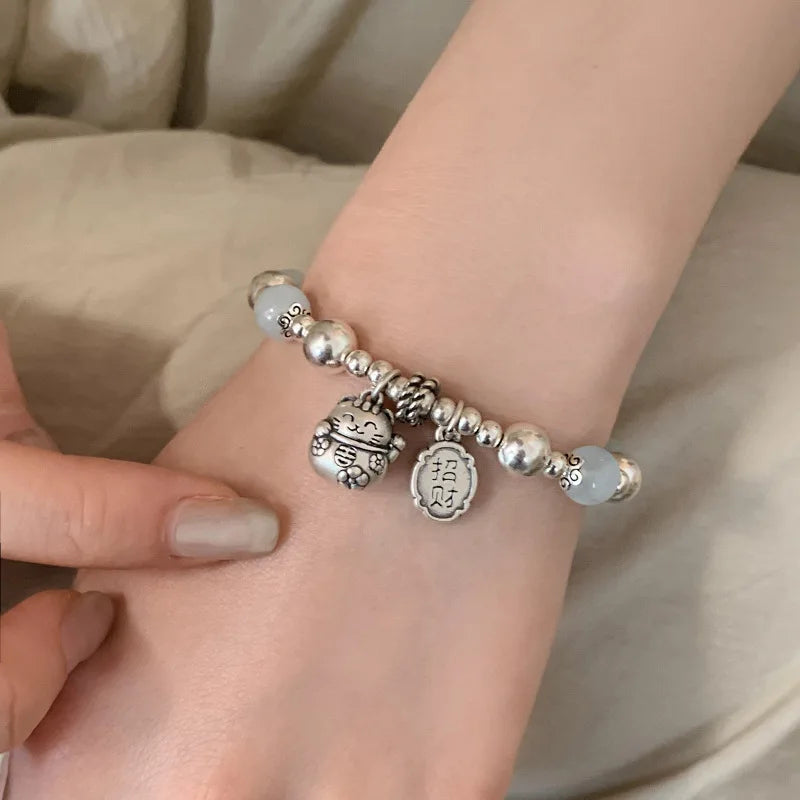 New 925 Silver Geometric Bead Punk Peace of Mind Words Irregular String Bracelet For Woman Girl Fashion Jewelry Gift Dropship