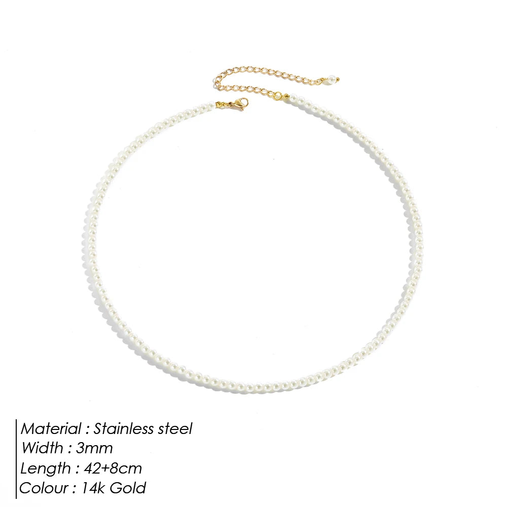 eManco New Imitation Pearl Necklaces Round Multi Size White Pearl Stainless Steel Necklace Women's Collarbone Chain