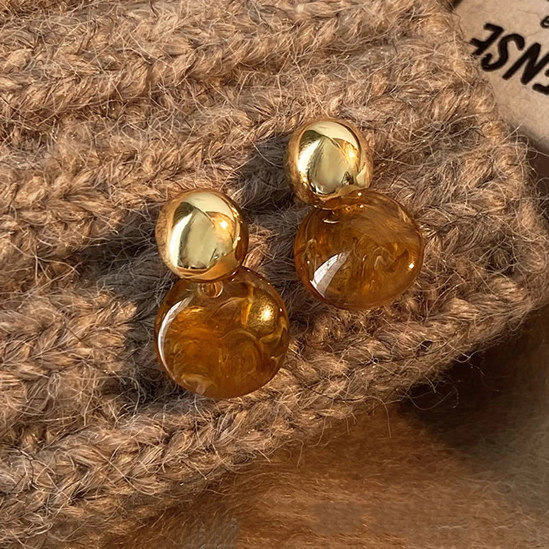 New Brown Resin Tiger Eye Stone Dangle Earrings for Women Fashion Silver Needle Earring Personality Melard Color Jewelry