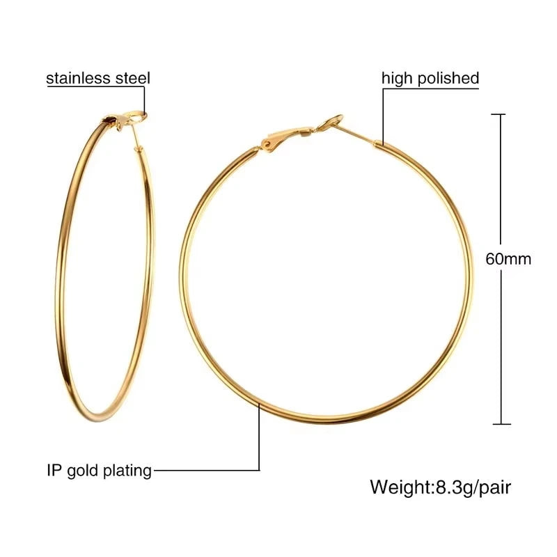 Stainless Steel Big Circle Hoop Huggie Earrings For Women, 40mm/50mm/60mm/70mm