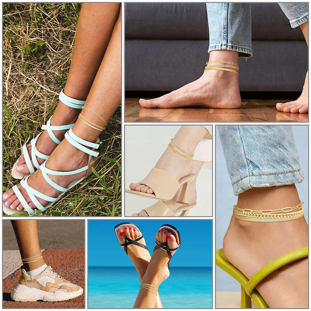 3Pcs Stainless Steel Anklet Set For Women Snake Twisted Rope Chain On Foot Female Summer Beach Ankle Bracelet Never Fade Jewelry