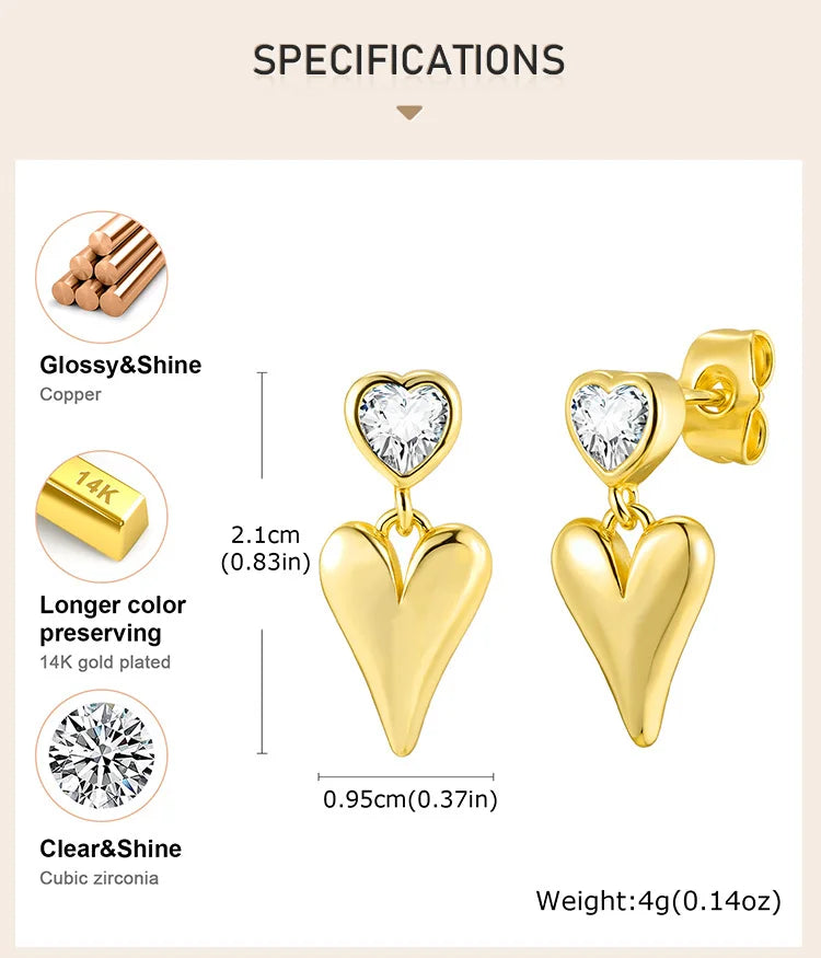 Cubic Zirconia Heart Love Dangle Earring for Women,18k Gold-plated Waterproof Jewelry