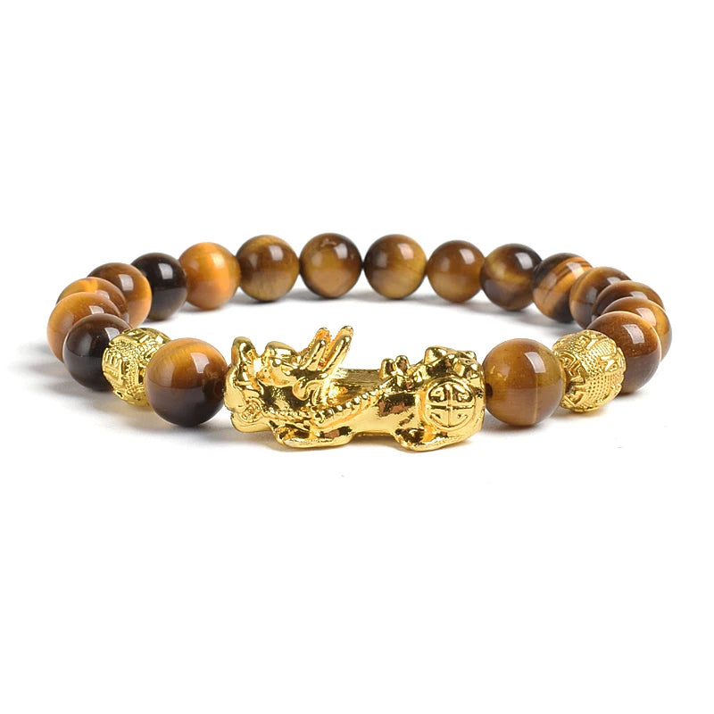 Pi Xiu Tiger Eye Stone Beads Bracelet Feng Shui Yellow Power Stone Women Men Elastic Jewelry Gold Color Pixiu Good Luck Bracelet