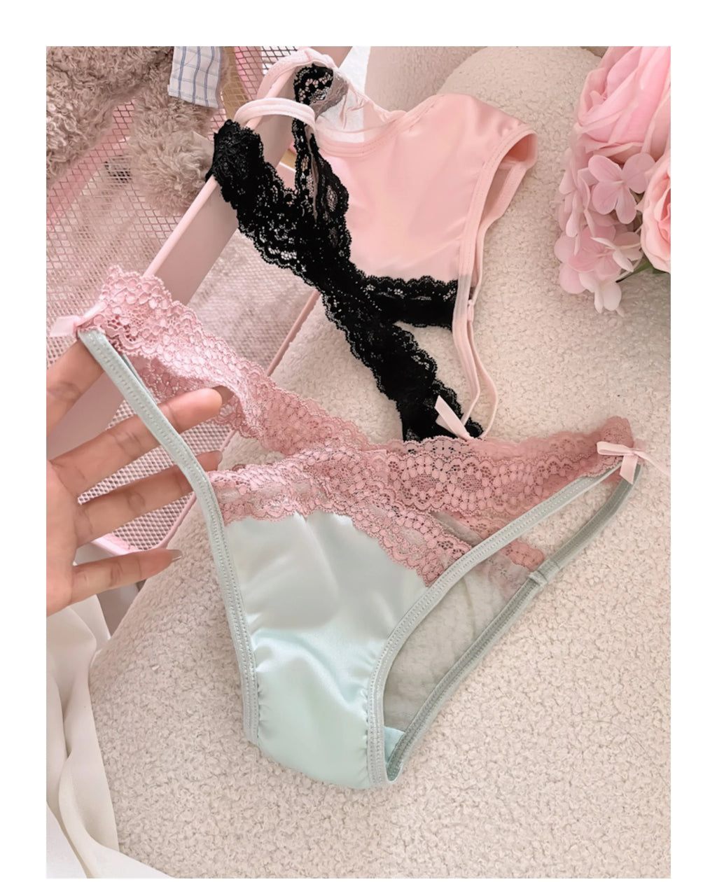 Cross Belt Lace Transparent Sexy Women's Underpants Low Waist Mesh Hollowed Bow Panties Cotton Crotch Breathable Briefs Lingerie