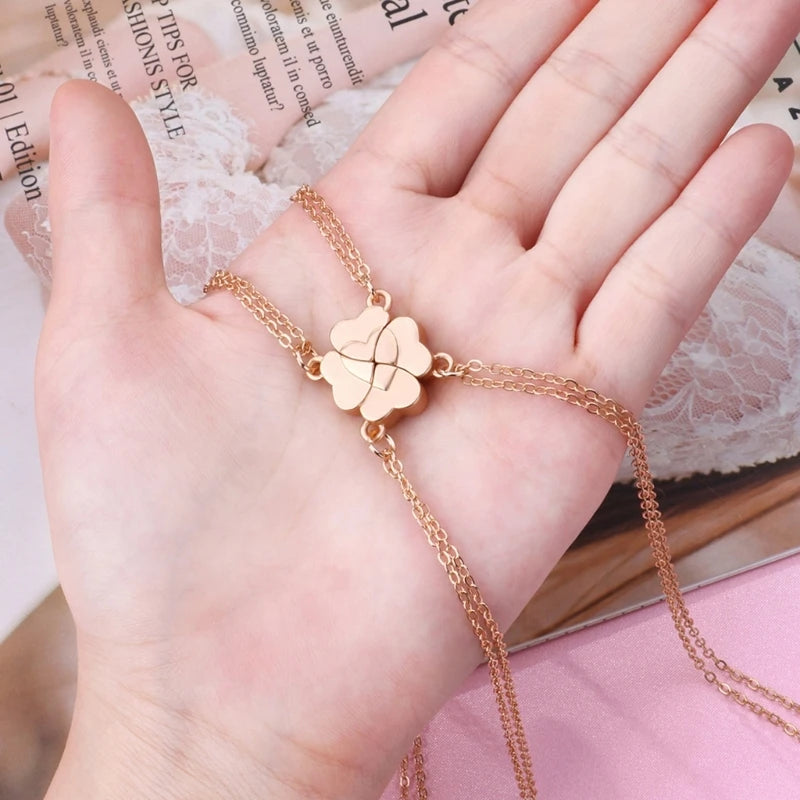 4 Piece Four Leaf Clover Stitching Necklace Magnet Stone BFF Friendship Heart Pendant Chain Choker Necklace Jewelry Dropship