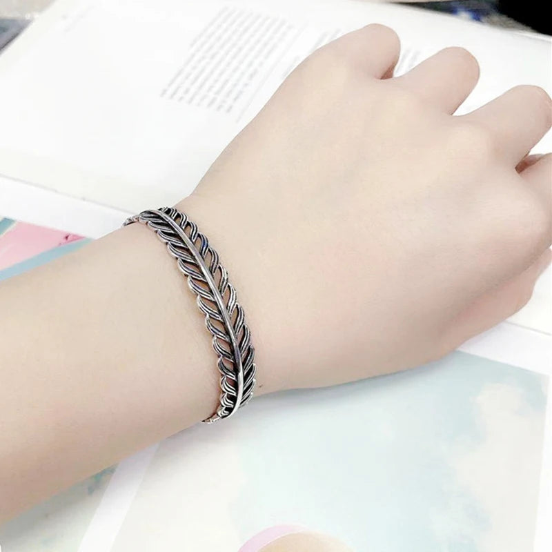 925 Sterling Silver Bracelet Bangle Feather Golden Flower Vintage Punk For Woman Men Fashion Jewelry Gift Dropship Wholesale