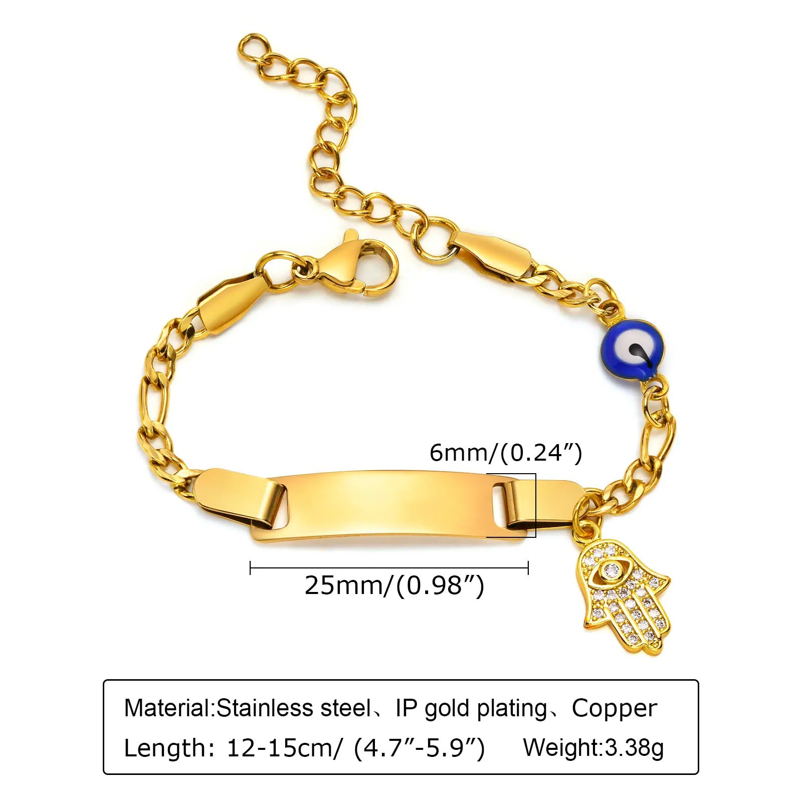 Hamsa Evil Eye Chain Bracelet  for Little Boy Girl, Engrave Customized Name Bracelet, Hand of Fatima Lucky Jewelery