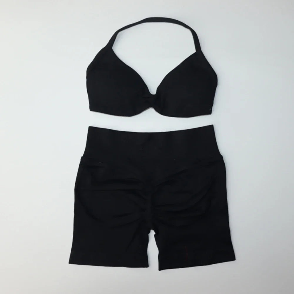Seamless Sportswear Workout Set Women Two Piece Strappy Yoga Bra Top Scrunch Shorts Gym Clothes