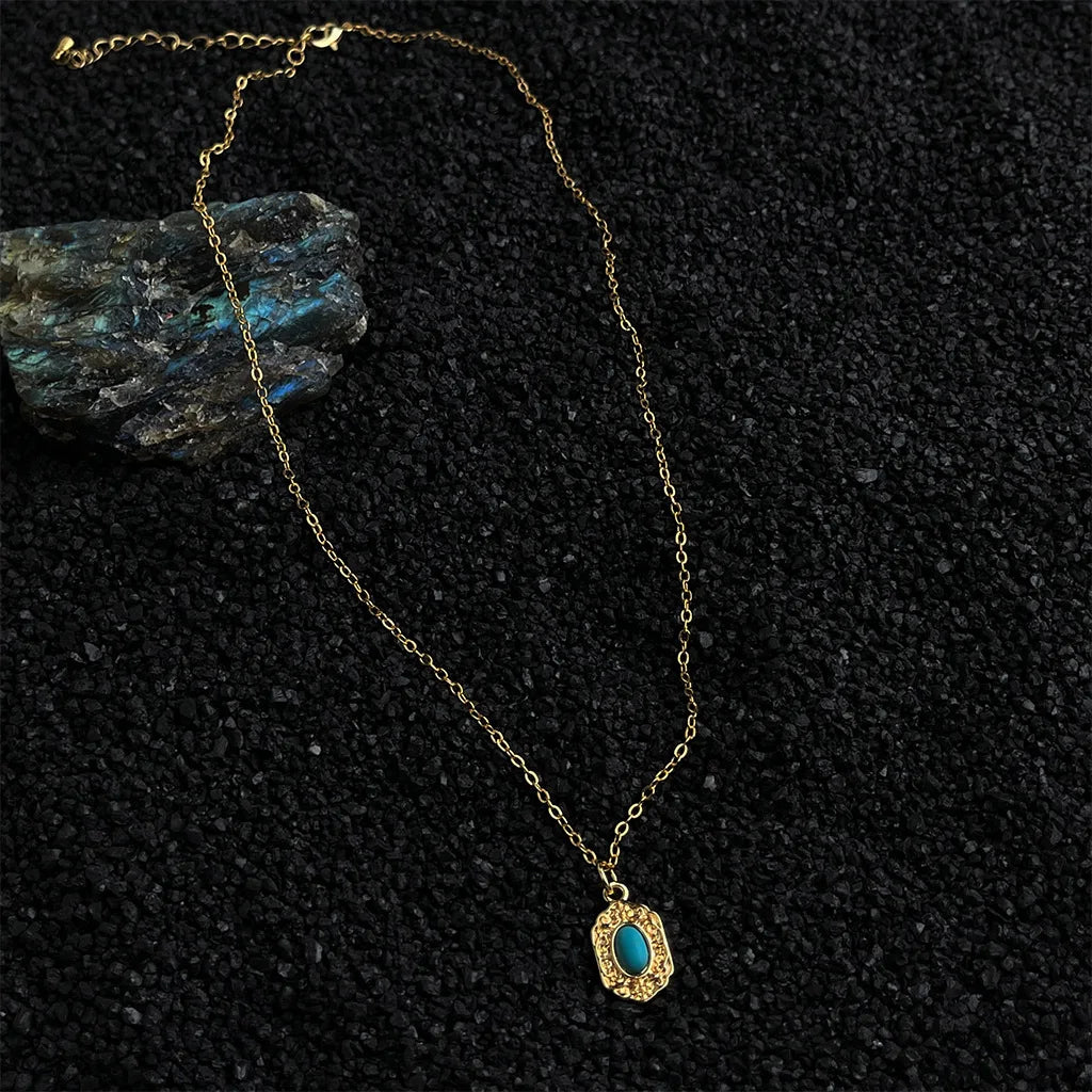 Retro commute women's neck chain geometric shape Necklace Electroplating 18k Jewelry on the neck turquoise stone Women's jewelr