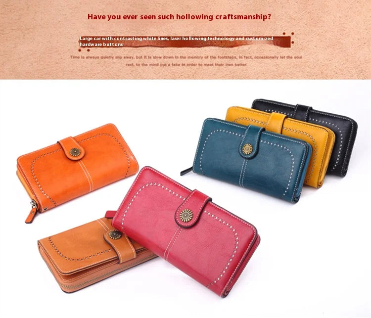 Fashionable new hollow out coin purse for women's oily leather phone bag, long zipper handbag,coin bag Triple fold ladies wallet
