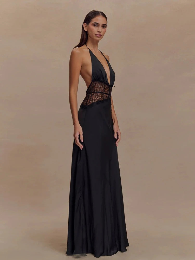 Deep V-Neck Backless Dress - Lace Satin Halter Maxi Evening Gown