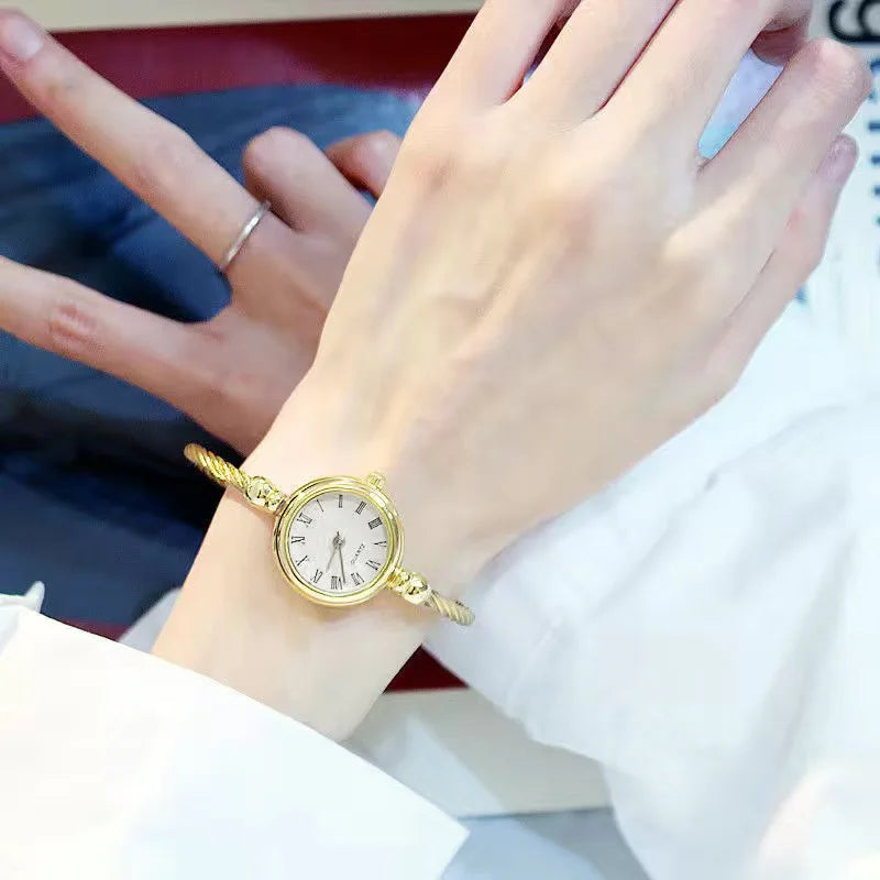 Small Gold Bangle Bracelet Watch - Retro Ladies Quartz Thin Chain