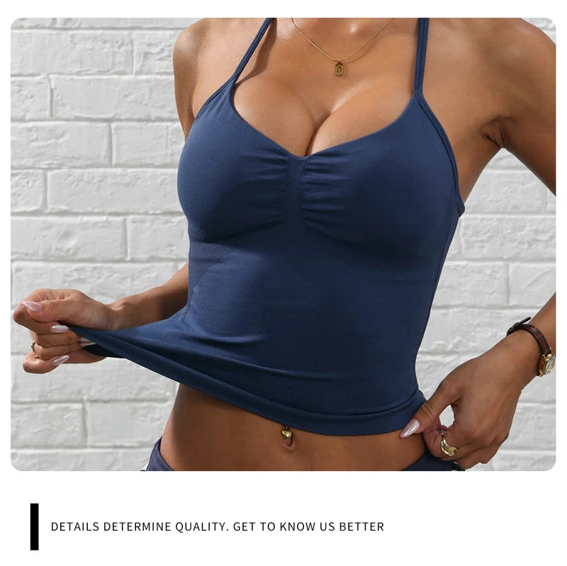 Adjustable Strappy Gym Top - Backless Scrunch Bra with Removable Cups