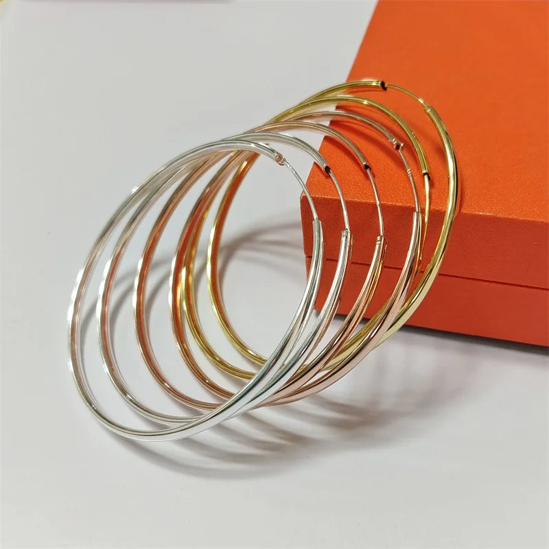 Senlissi - New 18K Gold Plated Hoop Earrings For Women 925 Sterling Silver  3.0mm Fashion Earring Cерьги Kольца 3/4/5/6/7CM
