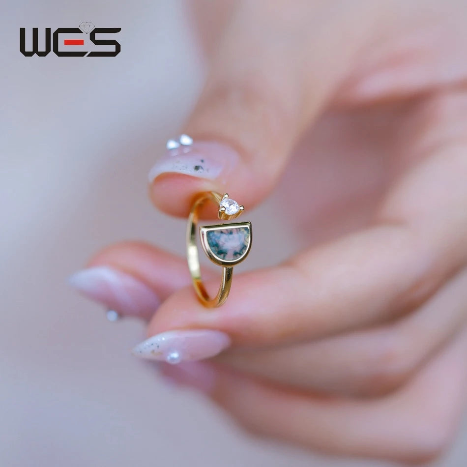 WES 925 Sterling Silver Open Ring for Woman Classic Unique Green Moss Agate Crystal Ring Engagement Gift Wholesale Oval Cut