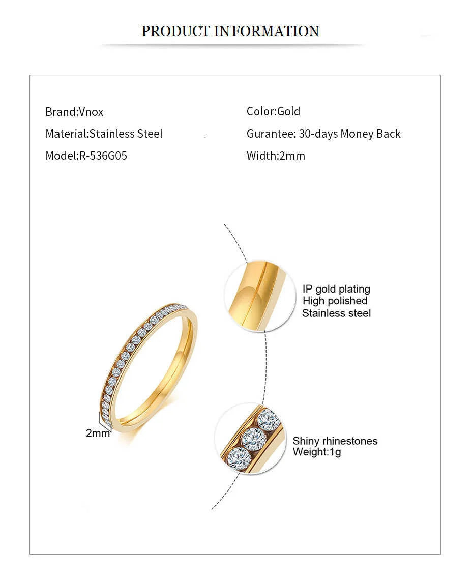 Vnox 2mm Bling CZ Stones Ring for Women Lady Gold Color Stainless Steel Shinny Crystal Finger Band Elegant Jewelry