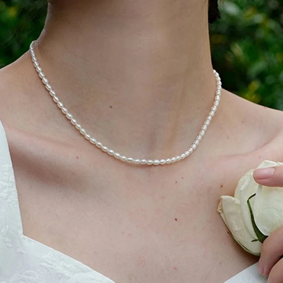eManco 3MM Imitation Pearl Necklaces Oval White Stainless Steel Necklace Women's Collarbone Chain