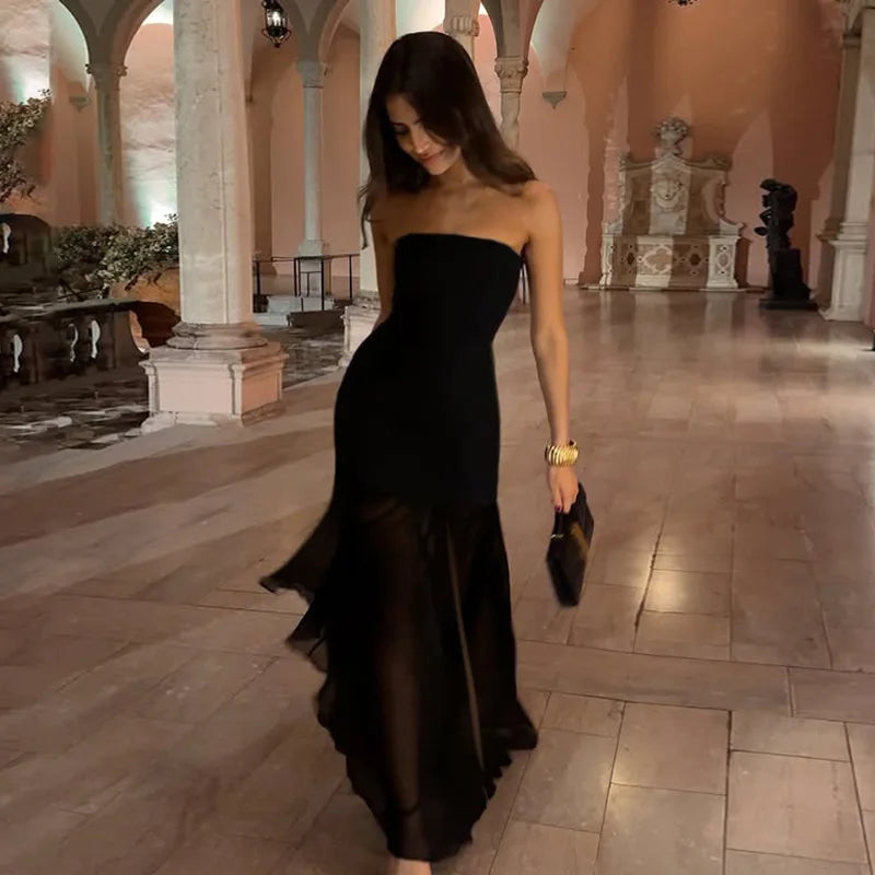 Tornova Sexy Strapless Split Long Dress For Women Mesh Splice Retro Elegant Party Dress Sleeveless Summer Vacation Dress Female