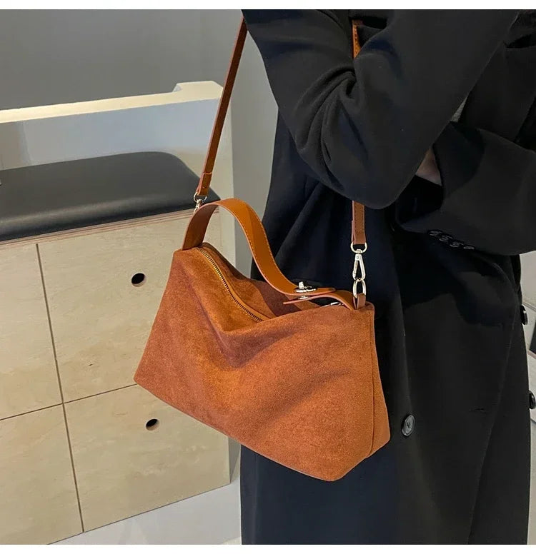 New Solid Color PU Zipper Women's Bag Suede Large Capacity Women's Shoulder Bag Fashion Versatile Casual Dual Purpose Handbag