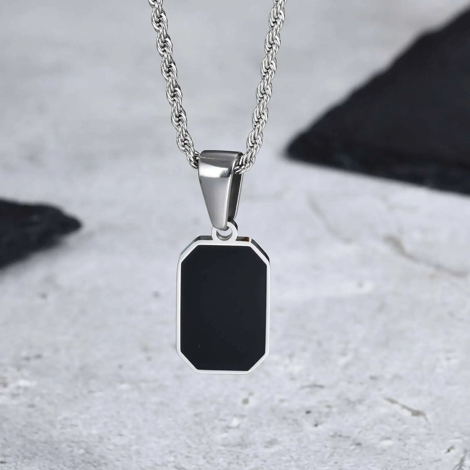 Casual Mens Geometric Square Necklaces,Black Enamel Rectangle Pendant with Rope Box Long Chain Collar,Stylish Jewelry Gifts