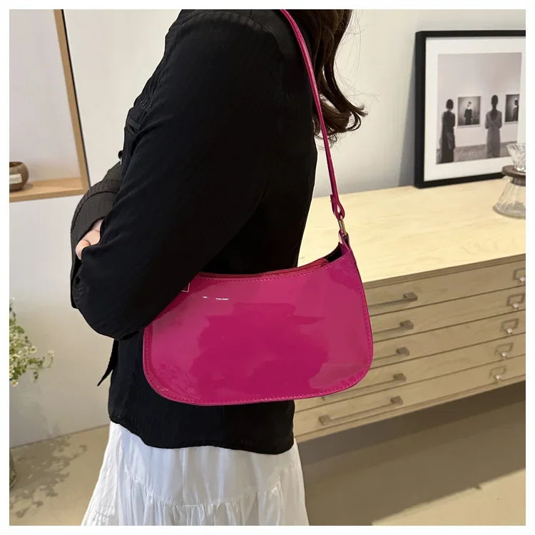 Vintage Wine Red Patent Leather Glossy Underarm Bag 2024 New Minimalist Lady Zipper Shoulder Bag Elegant Versatile Handbag Trend