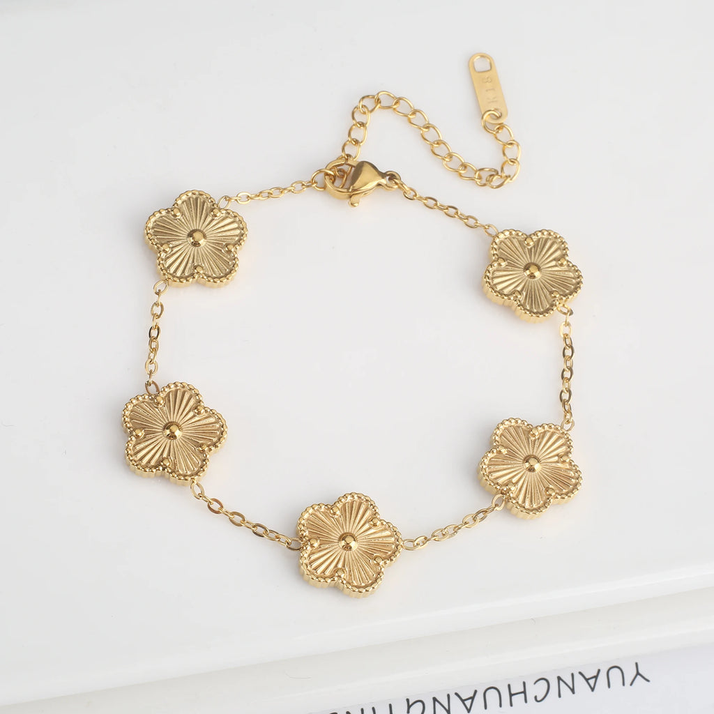 Gold Plated Hot Sale 316L Stainless Steel Plant Five Leaf Flower Bracelet Classic For Woman New Fashion Party Jewelry Clover