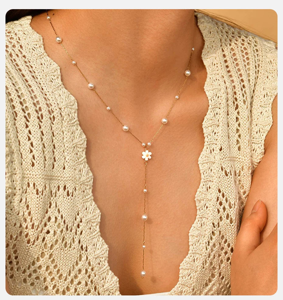 Vnox Flower Pearls Long Chain Drop Necklace For Women, Stainless Steel Waterproof Layered Jewelry, Light Luxury Collarbone Chain
