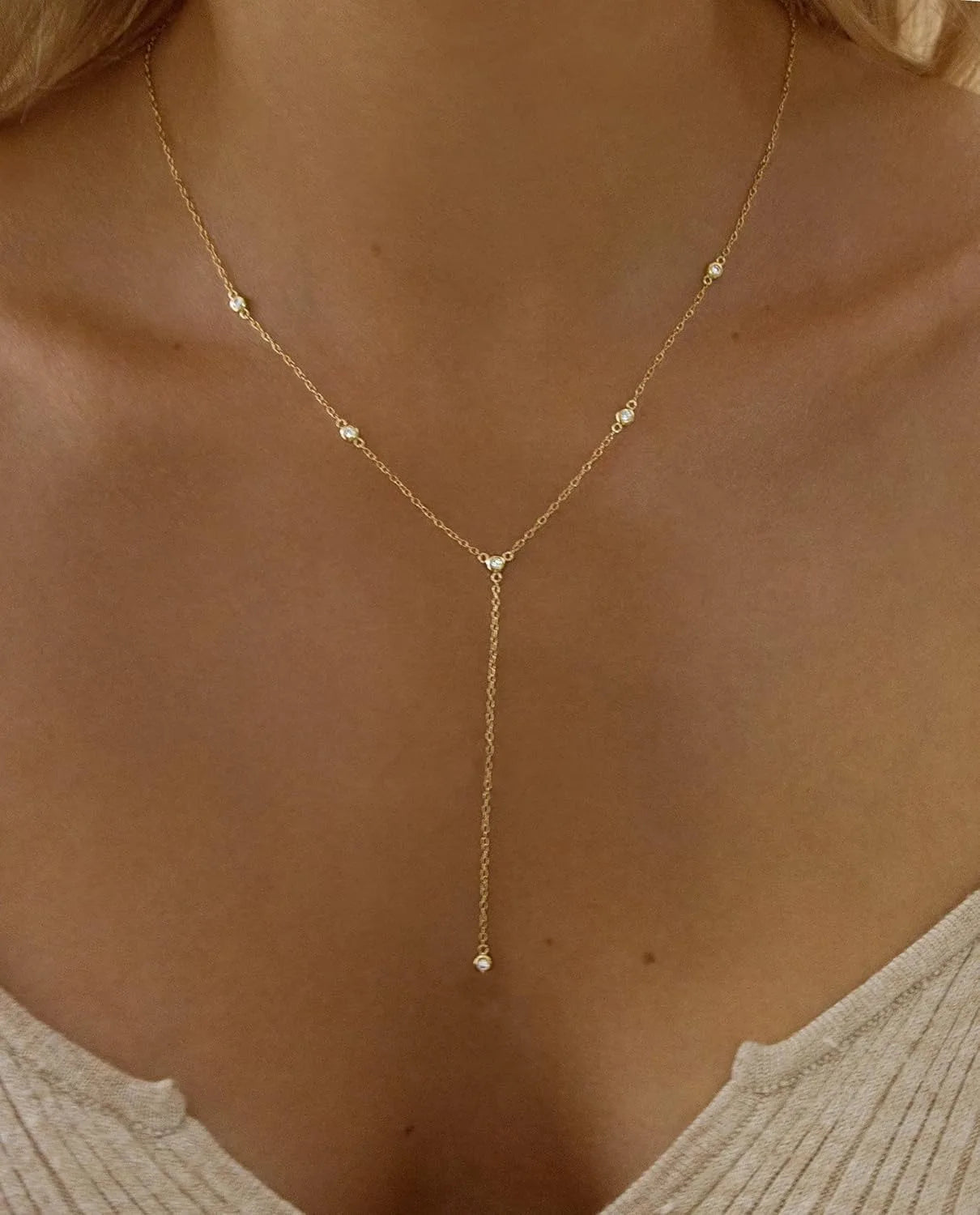 Silver Plated Necklace for Women, Dainty Gold Necklaces Gold Plated CZ Lariat Necklace for Women Boho Fashion Jewelry Womens
