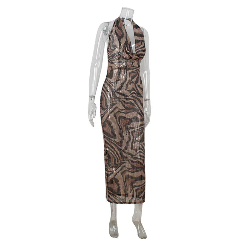 Sequined Leopar Printed Dresses For Women Fashion Sexy Party Halter Deep Swing Neck Sleeves Slim Fit Hip Wrap Long Vestidos Robe