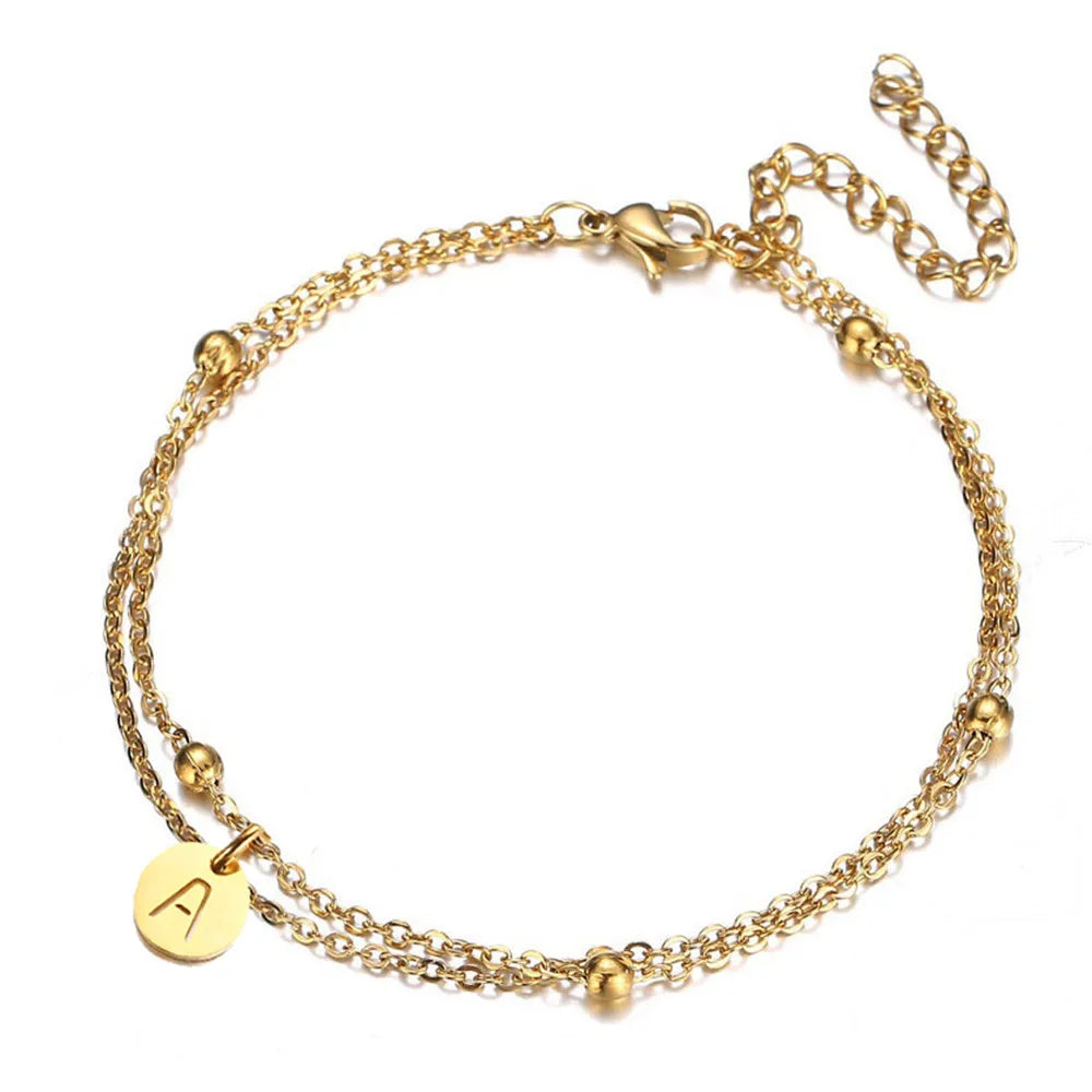 Minimalist Design Stainless Steel Disc Coin Letter Initial Bracelets For Women Multilayer Chain Alphabet Charm Bracelet Jewelry