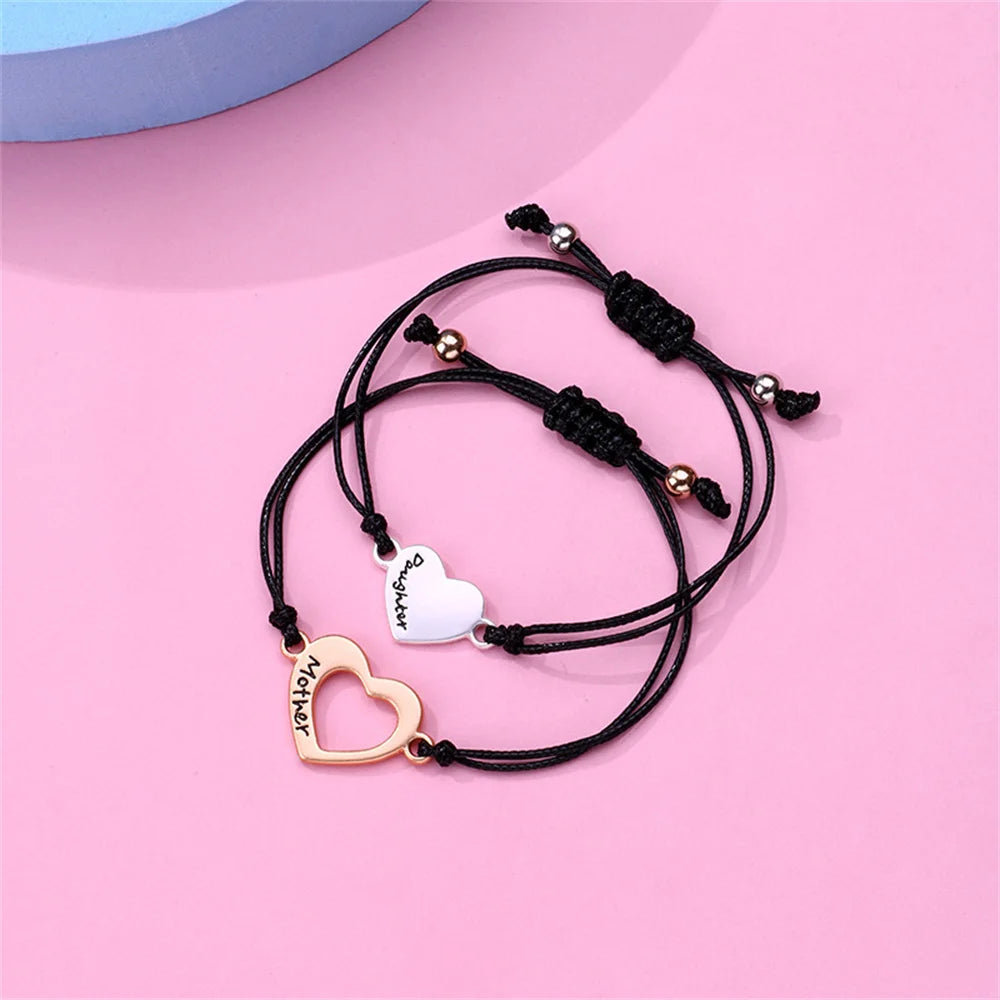 2Pcs Mother and Daughter Hollow Heart Braided Bracelet Adjustable Love Wrist Rope Bangle DIY Jewelry Accessories Festival Gifts