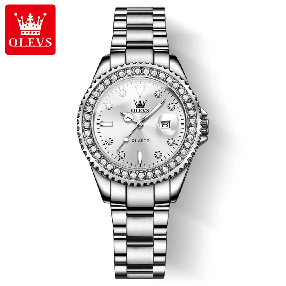 OLEVS 9945 Top Brand Original Quartz Watch for Women Luxury Diamond Lap Calendar Hand Clock Stainless Steel Ladies Wristwatches