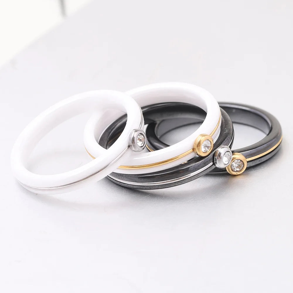 HNSP 4MM luxury Zircon Ceramic Black White Ring For Women Finger Jewelry Accessories