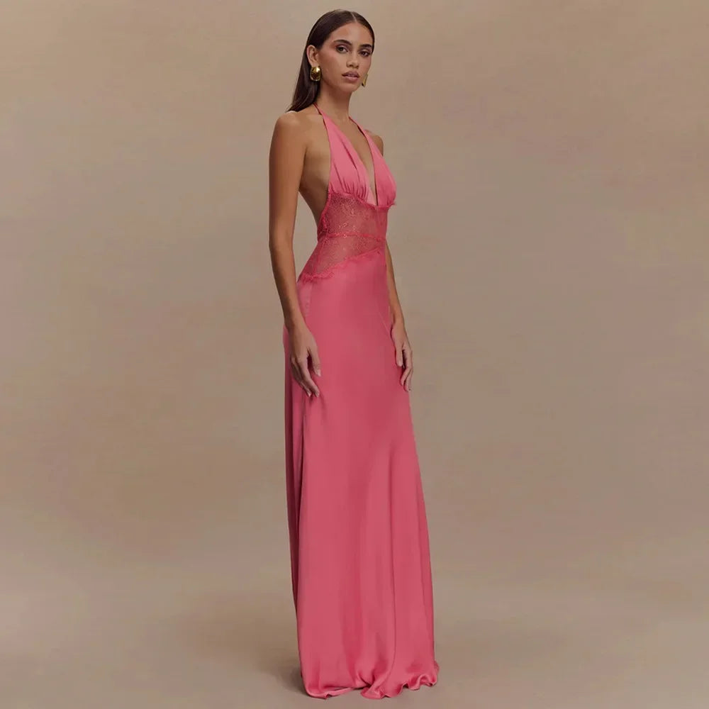 Deep V-Neck Backless Dress - Lace Satin Halter Maxi Evening Gown