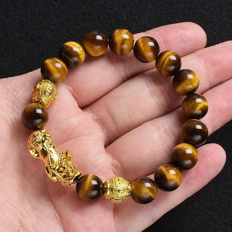 Pi Xiu Tiger Eye Stone Beads Bracelet Feng Shui Yellow Power Stone Women Men Elastic Jewelry Gold Color Pixiu Good Luck Bracelet