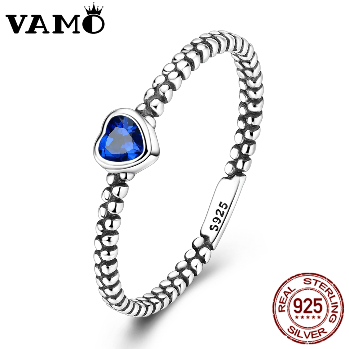 VAMO Original 925 Sterling Silver Woman Ring Vintage Dew Pearl Blue Heart Rings Sparkling Wedding Ring Girls Jewelry Anniversary