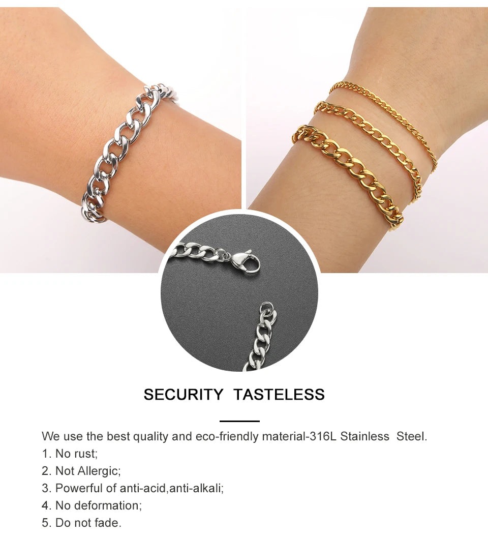 My Shape Fashion Cuban Chain Men Bracelet Stainless Steel 3/5/7/9mm Width Chain Bracelets Figaro Chain Boy Wrist Jewelry Couple