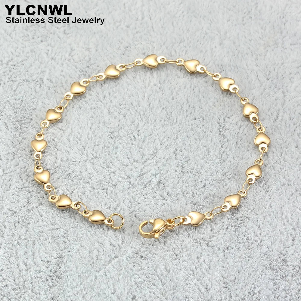 Stainless Steel Heart Bracelet For Women Link Chain Gold Silver Color Charm Female Cute Romantic Jewelry 7-9 Inch
