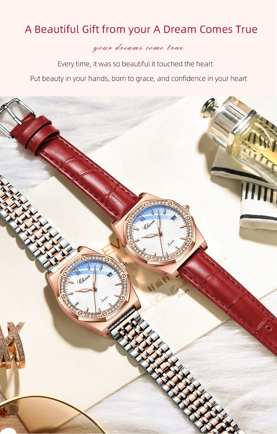 CHENXI Quartz Movement Woman Watch Simple Elegant Luxury Rose Gold Steel and Leather Strap Waterproof Ladies Dress Wristwatch