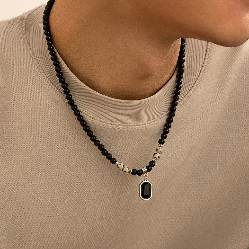 HNSP Black Crystal Pendant Bead Rosary Necklace For Men Jewelry Accessories