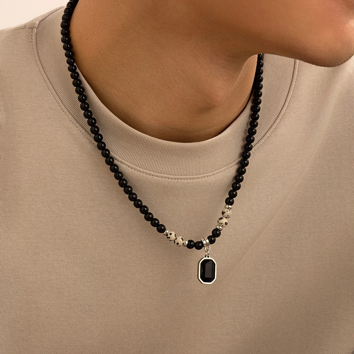 HNSP Black Crystal Pendant Bead Rosary Necklace For Men Jewelry Accessories